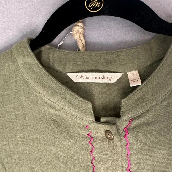 Soft Surroundings Embroidered Tunic Dress Olive Green Tassel Detail Women Large - Picture 7 of 14